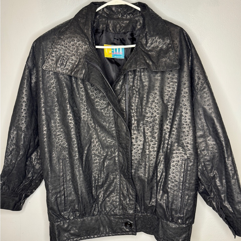 G3 Black Textured Leather Jacket, Vintage Shoulder Pads Size Small